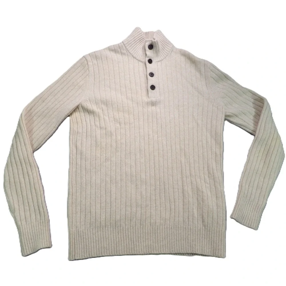 VTG Banana Republic Sweater Men M Ivory Wool Blend Ribbed Btn Mock Neck 90s Knit